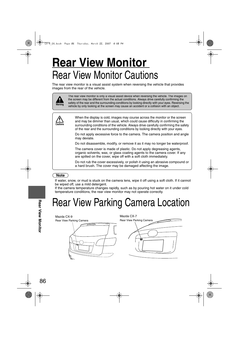 Rear view monitor, Rear view monitor cautions, Rear view parking camera location | Mazda 2008 CX-7 User Manual | Page 496 / 502