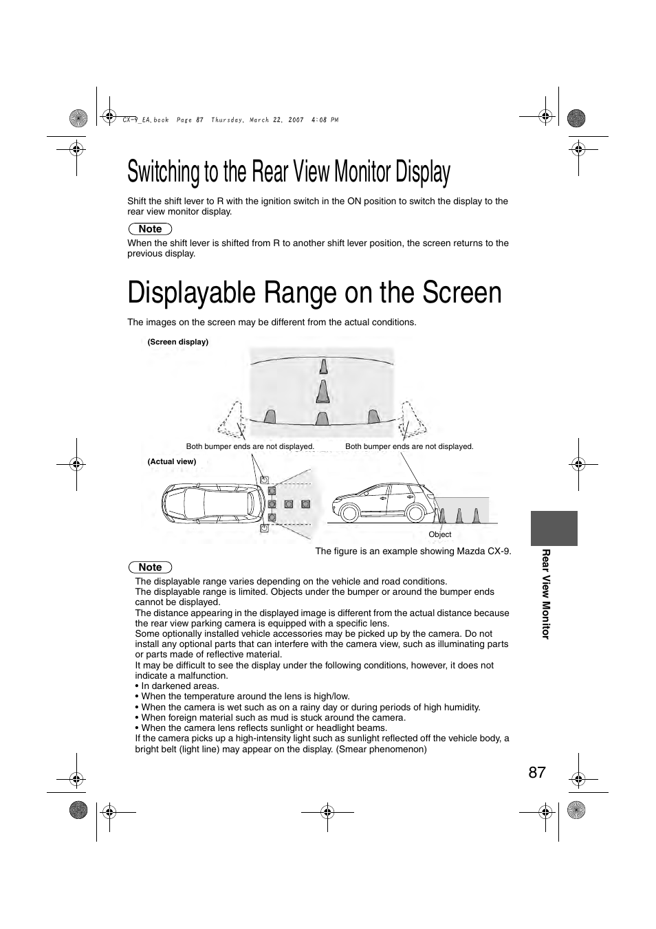 Switching to the rear view monitor display, Displayable range on the screen | Mazda 2008 CX-7 User Manual | Page 497 / 502