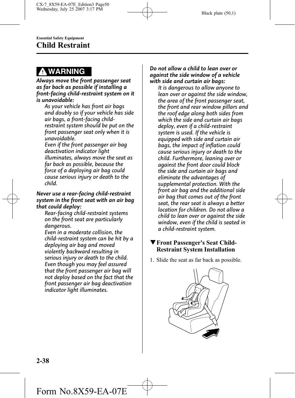 Child restraint, Warning | Mazda 2008 CX-7 User Manual | Page 50 / 502