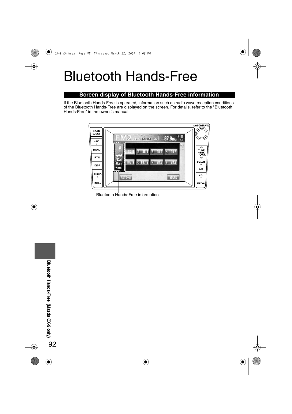 Bluetooth hands-free, Screen display of bluetooth hands-free information | Mazda 2008 CX-7 User Manual | Page 502 / 502