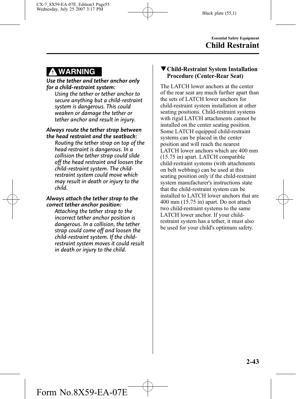 Child restraint, Warning | Mazda 2008 CX-7 User Manual | Page 55 / 502
