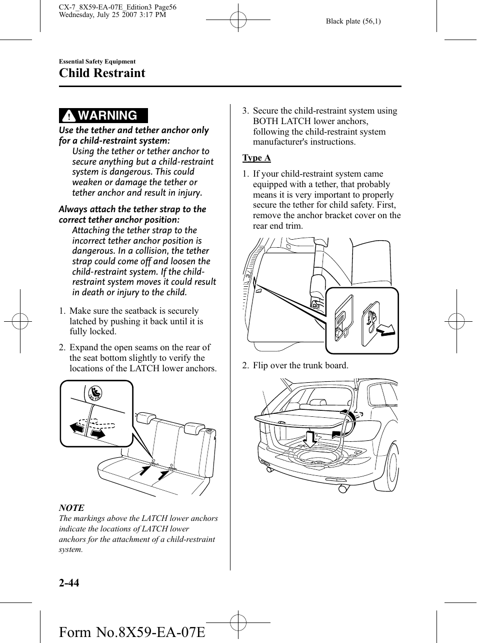 Child restraint, Warning | Mazda 2008 CX-7 User Manual | Page 56 / 502
