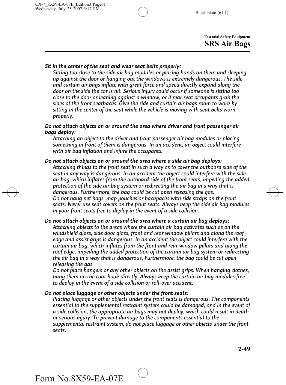 Srs air bags | Mazda 2008 CX-7 User Manual | Page 61 / 502