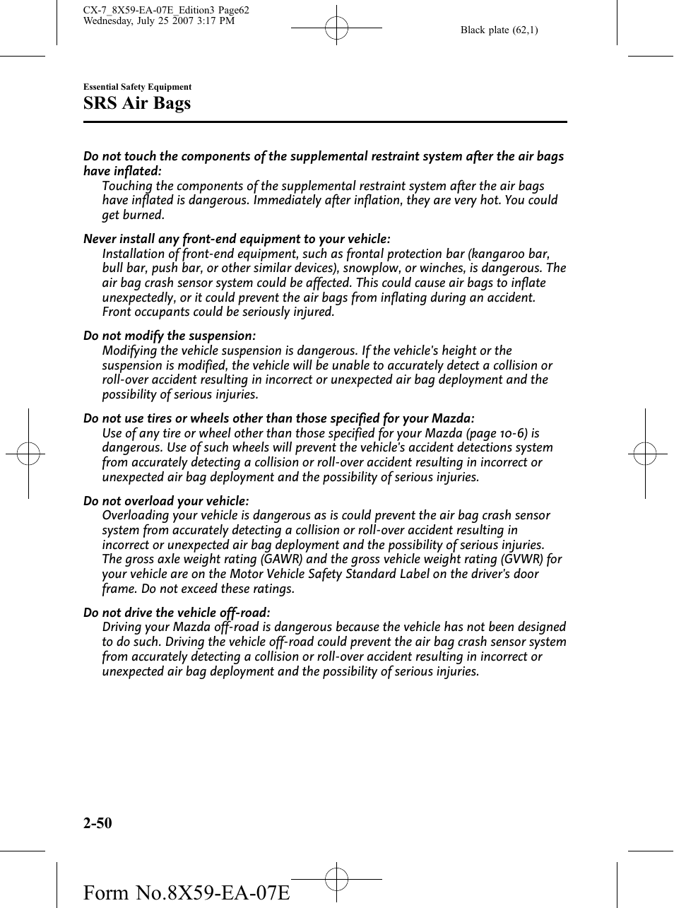 Srs air bags | Mazda 2008 CX-7 User Manual | Page 62 / 502