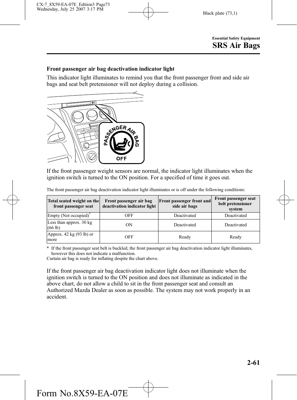 Srs air bags | Mazda 2008 CX-7 User Manual | Page 73 / 502
