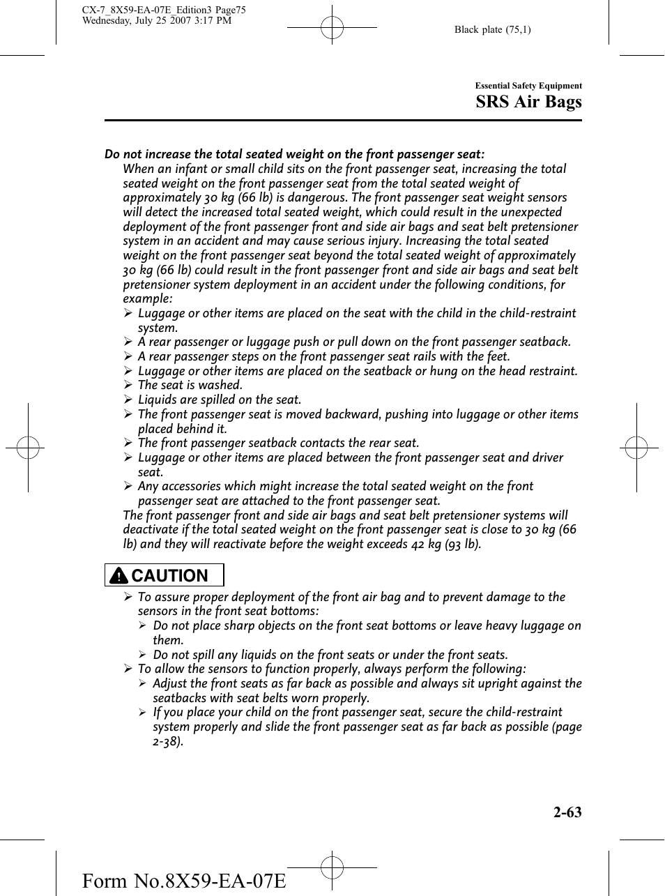 Srs air bags, Caution | Mazda 2008 CX-7 User Manual | Page 75 / 502