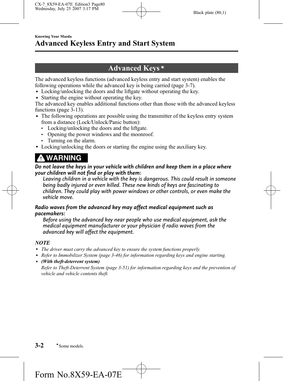 Advanced keyless entry and start system, Advanced keys, Advanced keyless entry and start system -2 | Warning | Mazda 2008 CX-7 User Manual | Page 80 / 502