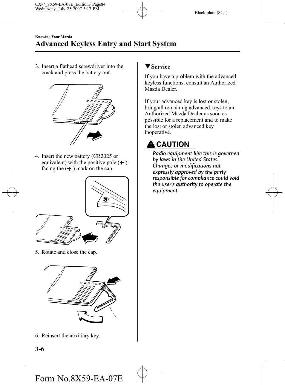 Advanced keyless entry and start system, Caution | Mazda 2008 CX-7 User Manual | Page 84 / 502