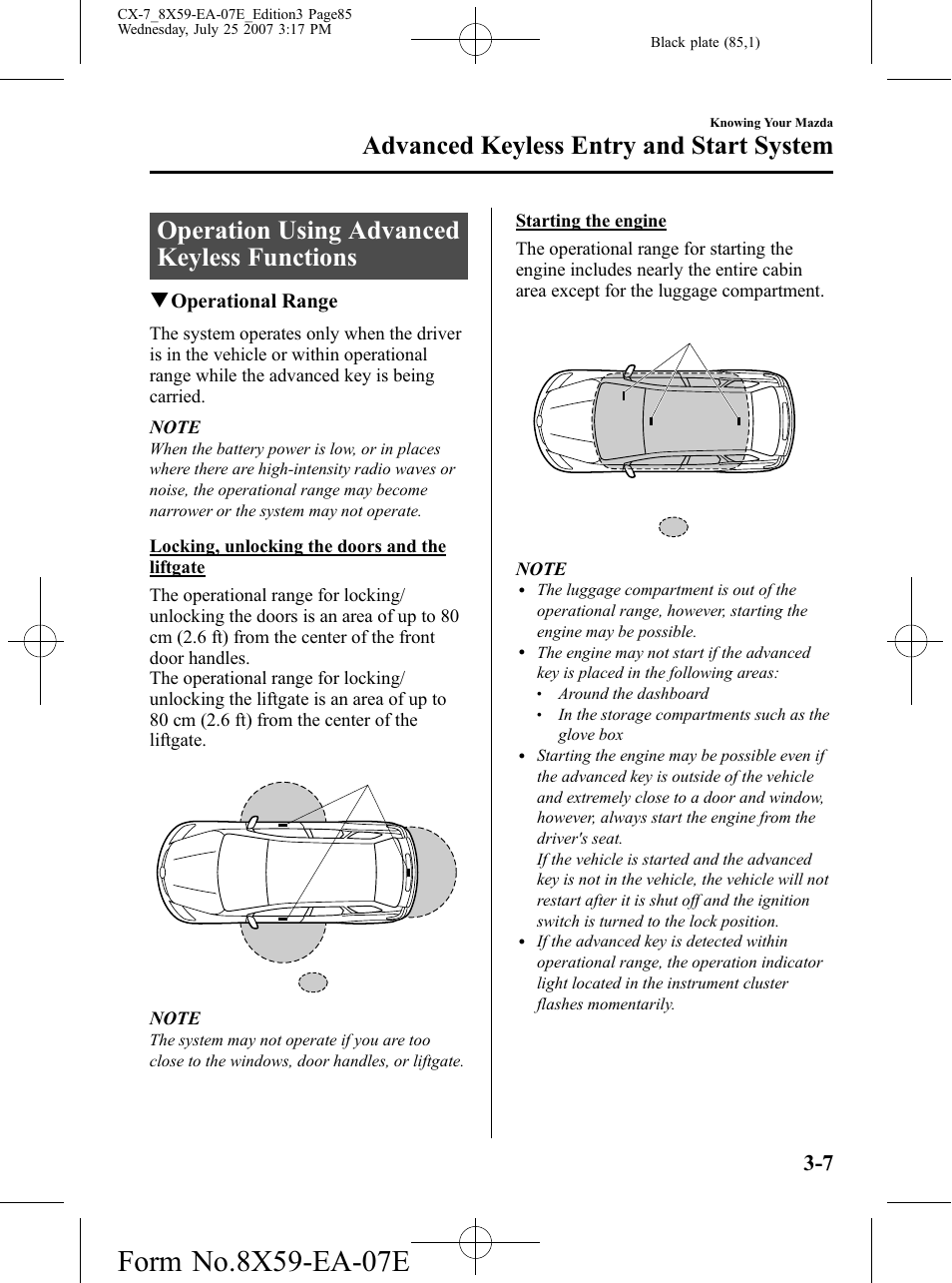 Operation using advanced keyless functions, Operation using advanced keyless functions -7, Advanced keyless entry and start system | Qoperational range | Mazda 2008 CX-7 User Manual | Page 85 / 502