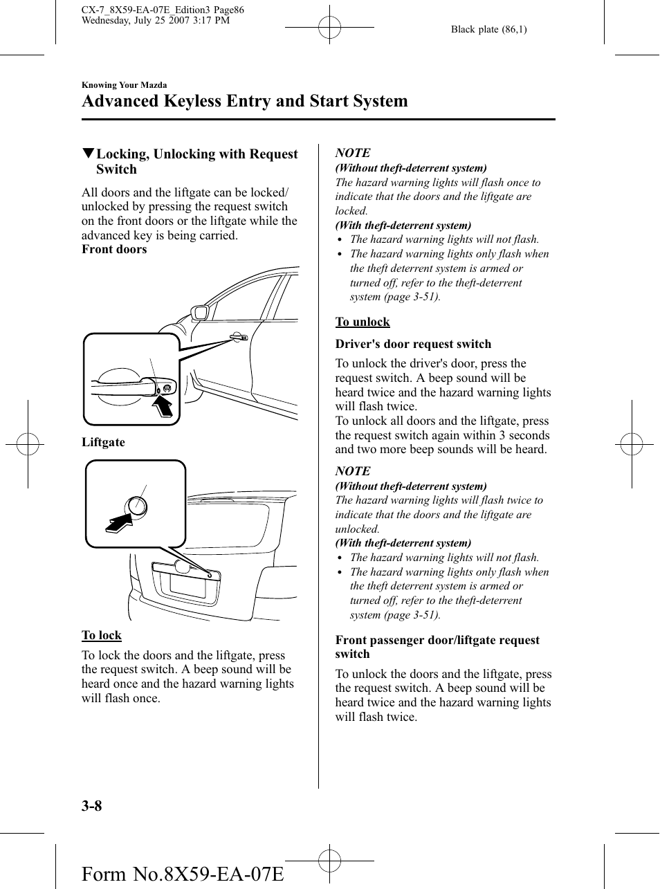 Advanced keyless entry and start system | Mazda 2008 CX-7 User Manual | Page 86 / 502