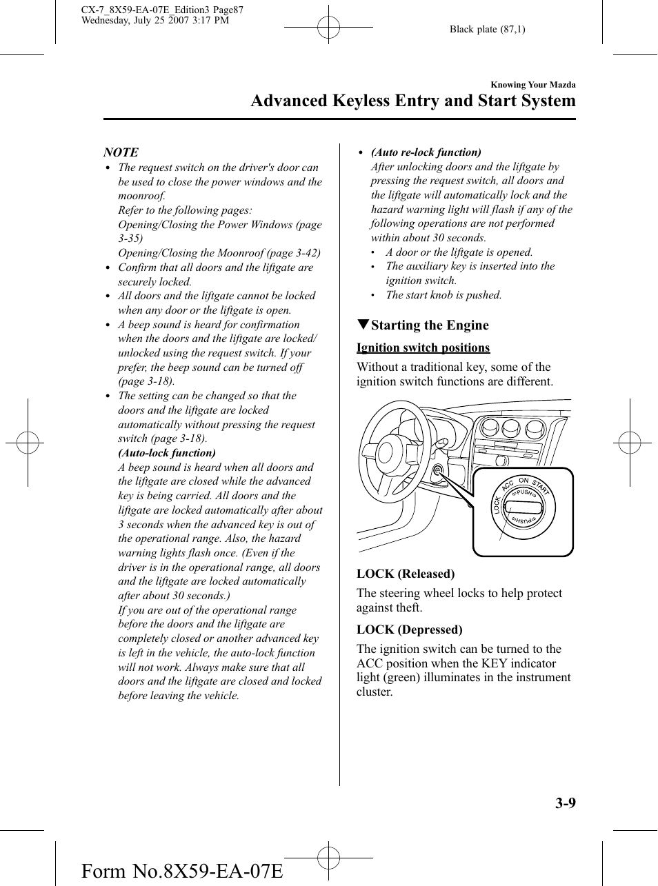 Advanced keyless entry and start system, Qstarting the engine | Mazda 2008 CX-7 User Manual | Page 87 / 502