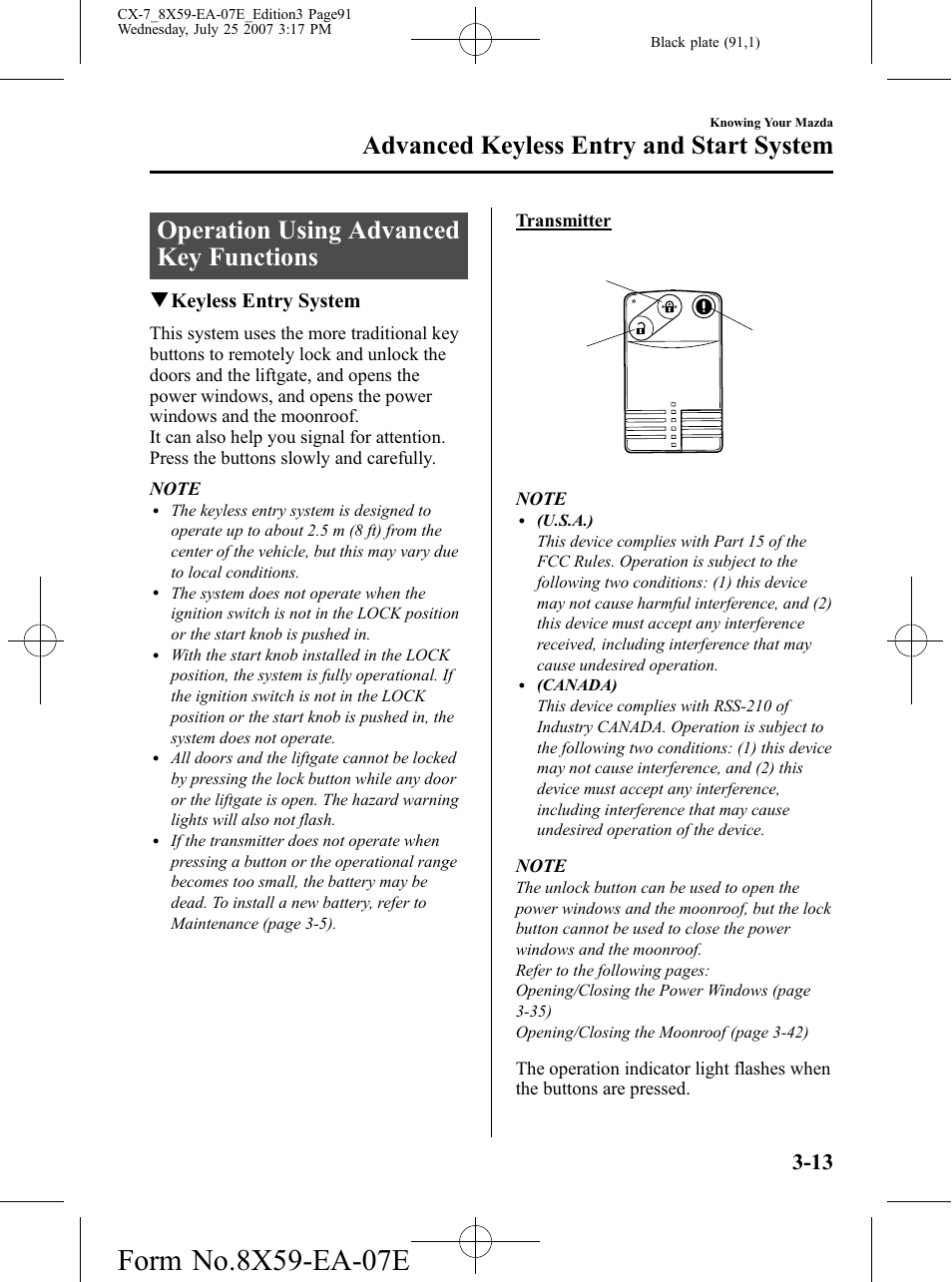 Operation using advanced key functions, Operation using advanced key functions -13, Advanced keyless entry and start system | Qkeyless entry system | Mazda 2008 CX-7 User Manual | Page 91 / 502