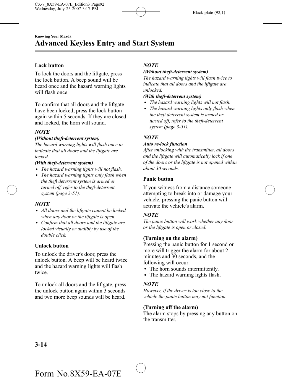 Advanced keyless entry and start system | Mazda 2008 CX-7 User Manual | Page 92 / 502