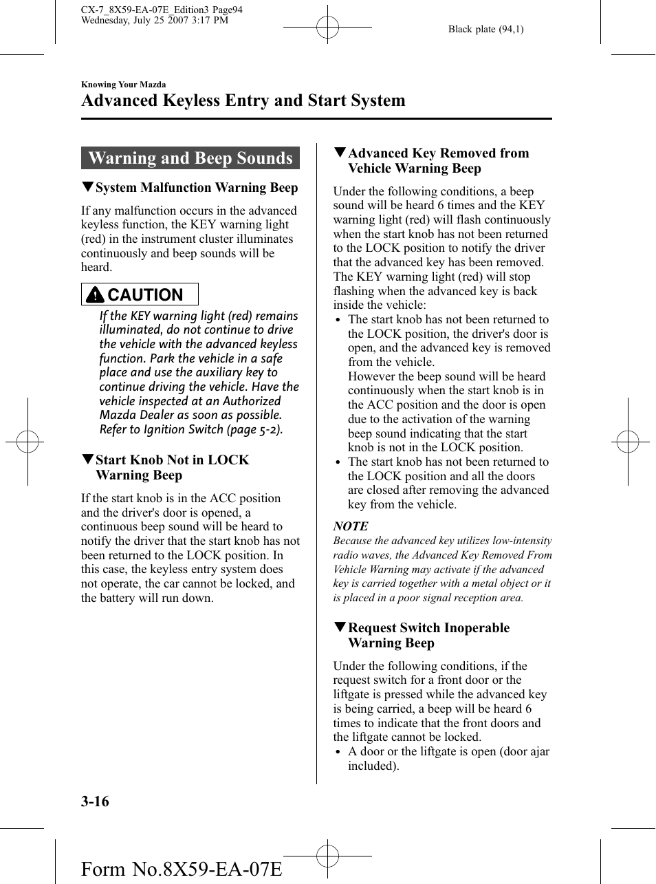 Warning and beep sounds, Warning and beep sounds -16, Advanced keyless entry and start system | Caution | Mazda 2008 CX-7 User Manual | Page 94 / 502