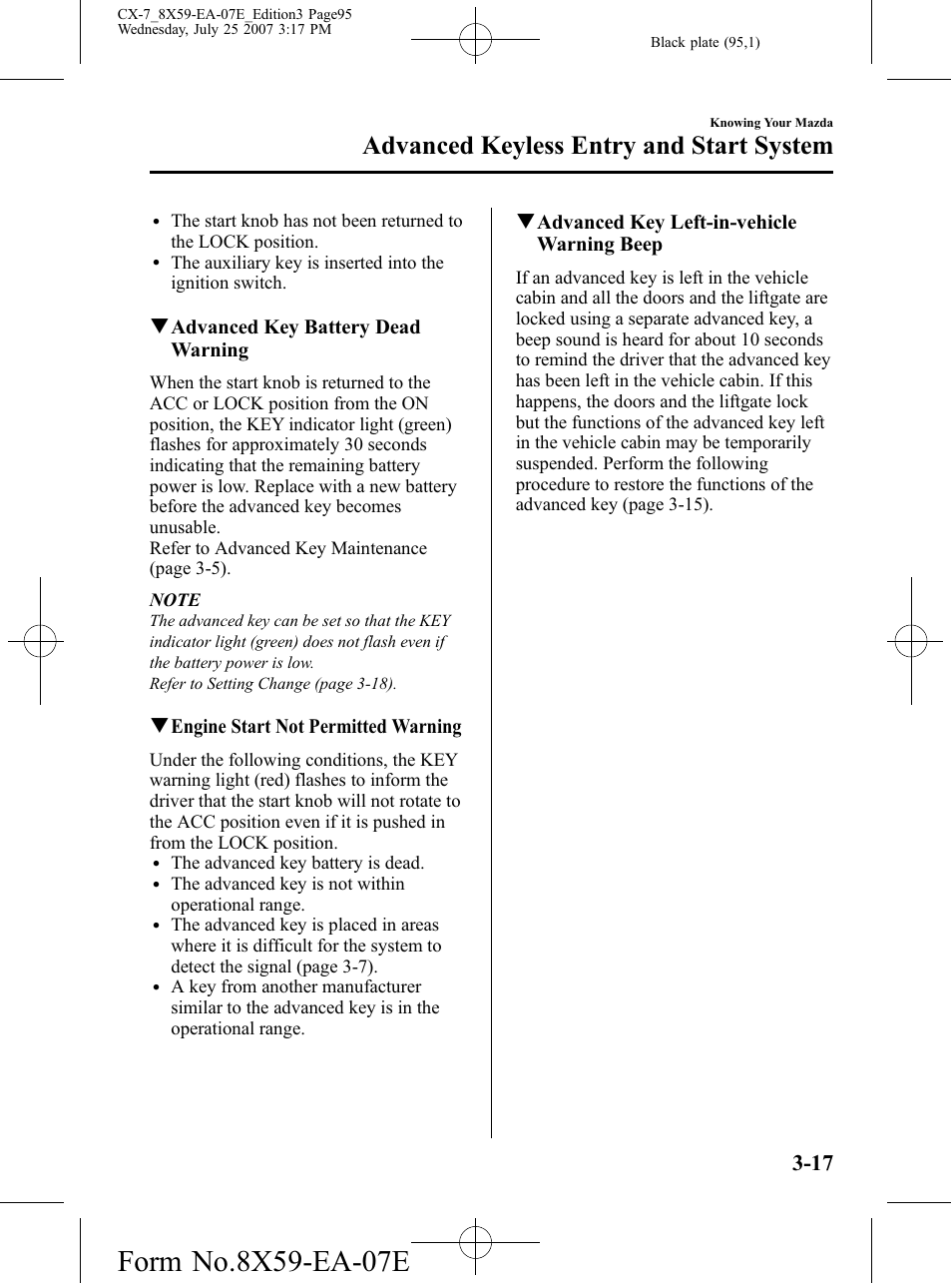 Advanced keyless entry and start system | Mazda 2008 CX-7 User Manual | Page 95 / 502