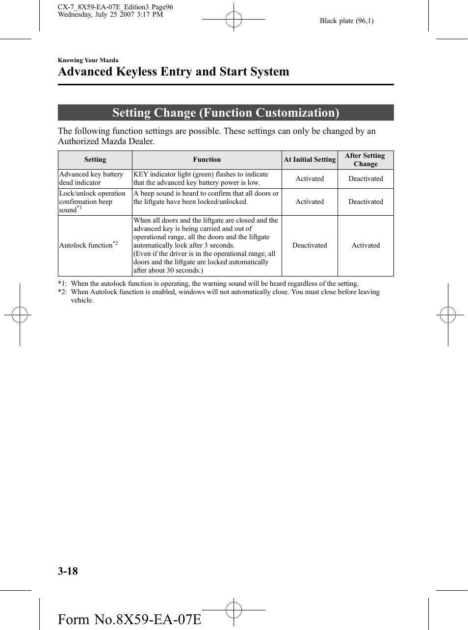 Setting change (function customization), Setting change (function customization) -18, Advanced keyless entry and start system | Mazda 2008 CX-7 User Manual | Page 96 / 502