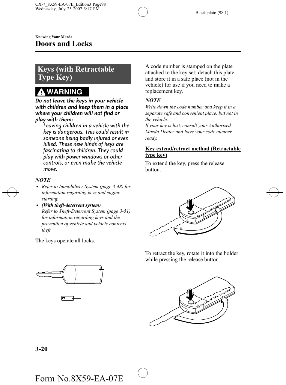 Doors and locks, Keys (with retractable type key), Doors and locks -20 | Keys (with retractable type key) -20, Warning | Mazda 2008 CX-7 User Manual | Page 98 / 502