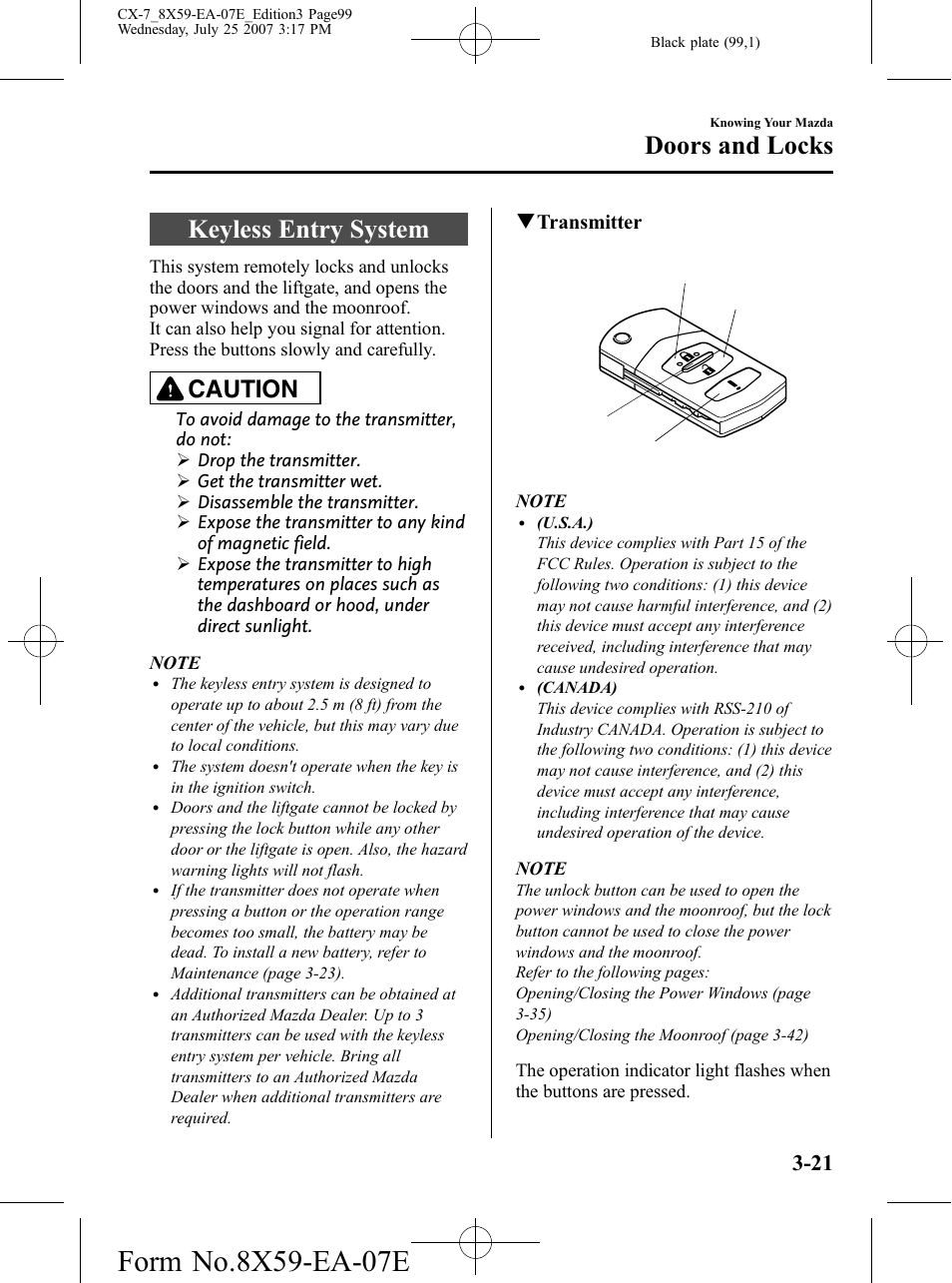 Keyless entry system, Keyless entry system -21, Doors and locks | Caution, Qtransmitter | Mazda 2008 CX-7 User Manual | Page 99 / 502