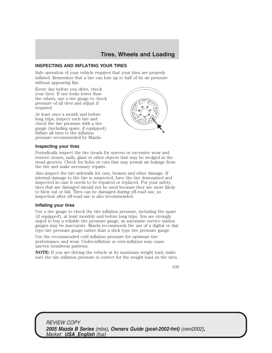 Tires, wheels and loading | Mazda 2005 B2300 Truck User Manual | Page 110 / 257