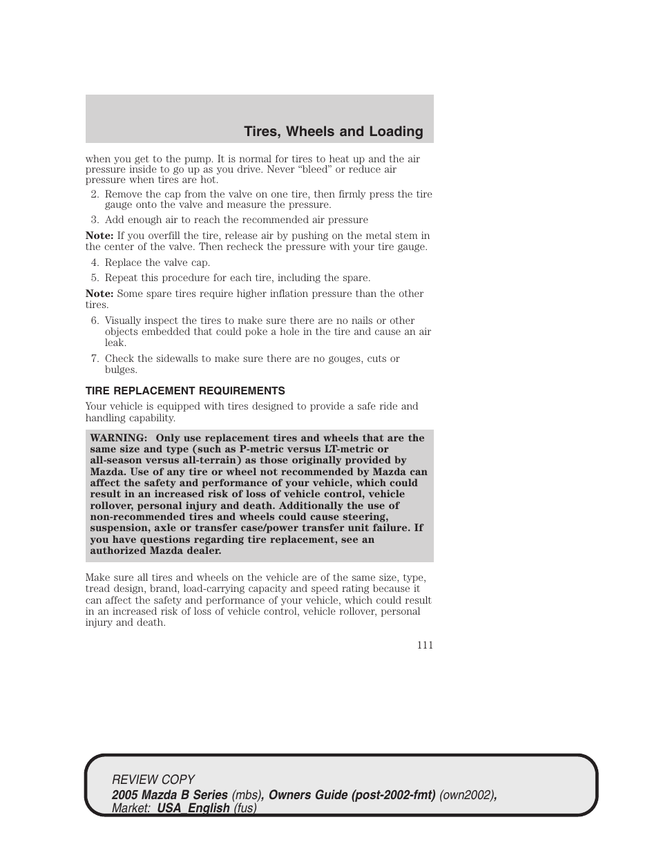 Tires, wheels and loading | Mazda 2005 B2300 Truck User Manual | Page 112 / 257