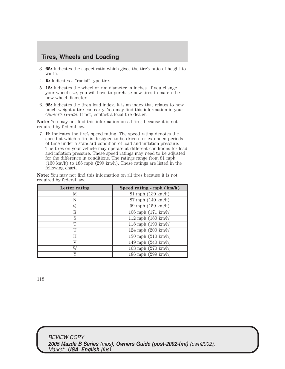 Tires, wheels and loading | Mazda 2005 B2300 Truck User Manual | Page 119 / 257