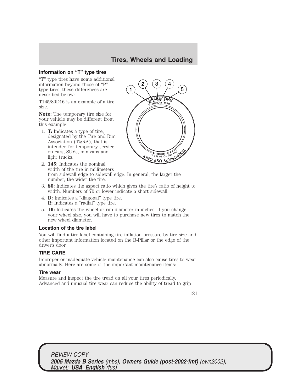 Tires, wheels and loading | Mazda 2005 B2300 Truck User Manual | Page 122 / 257