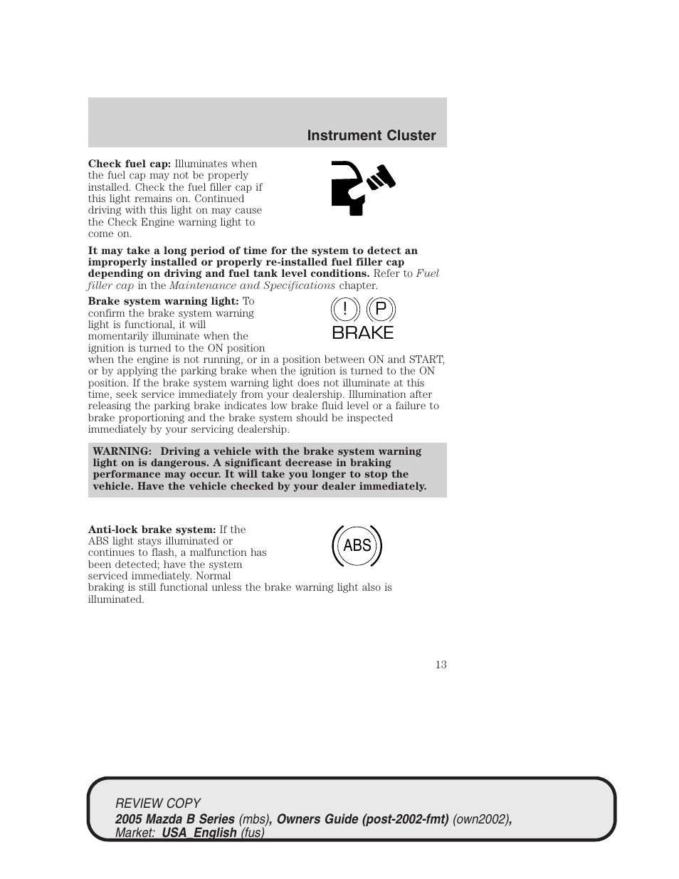 P! brake abs | Mazda 2005 B2300 Truck User Manual | Page 14 / 257