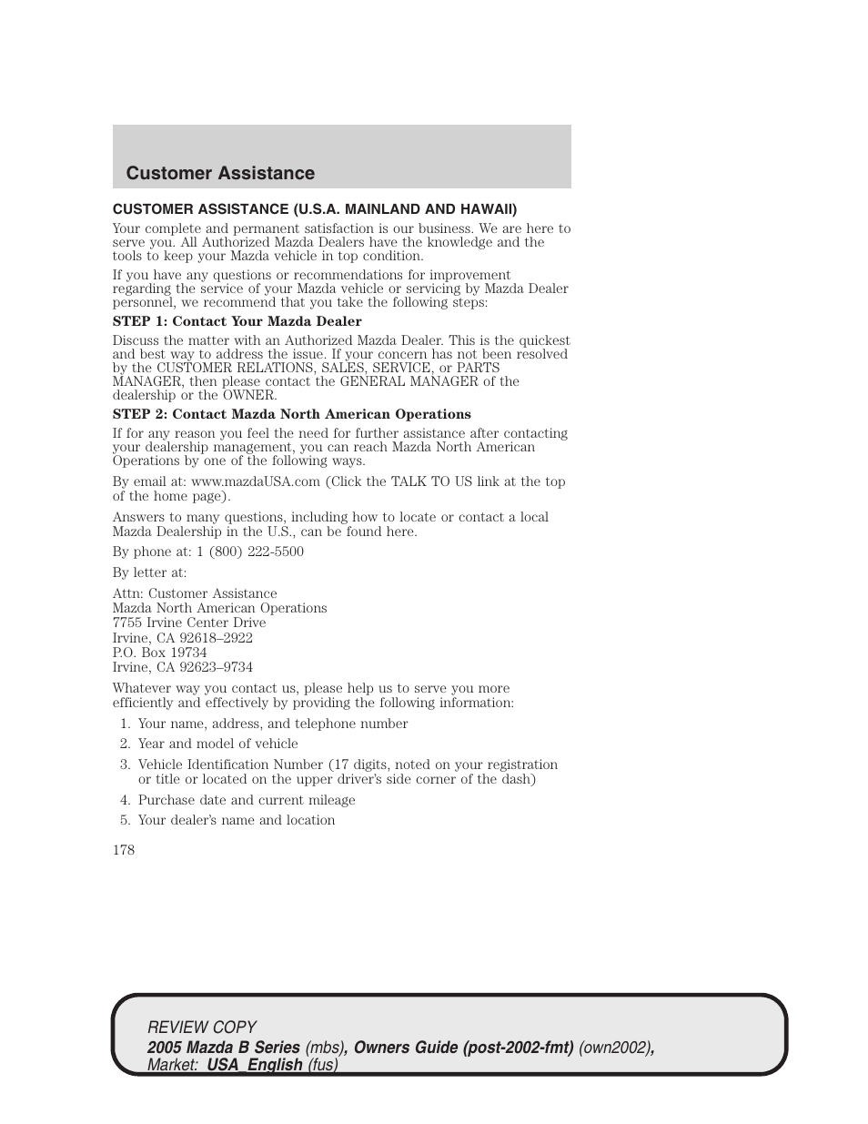 Customer assistance | Mazda 2005 B2300 Truck User Manual | Page 179 / 257