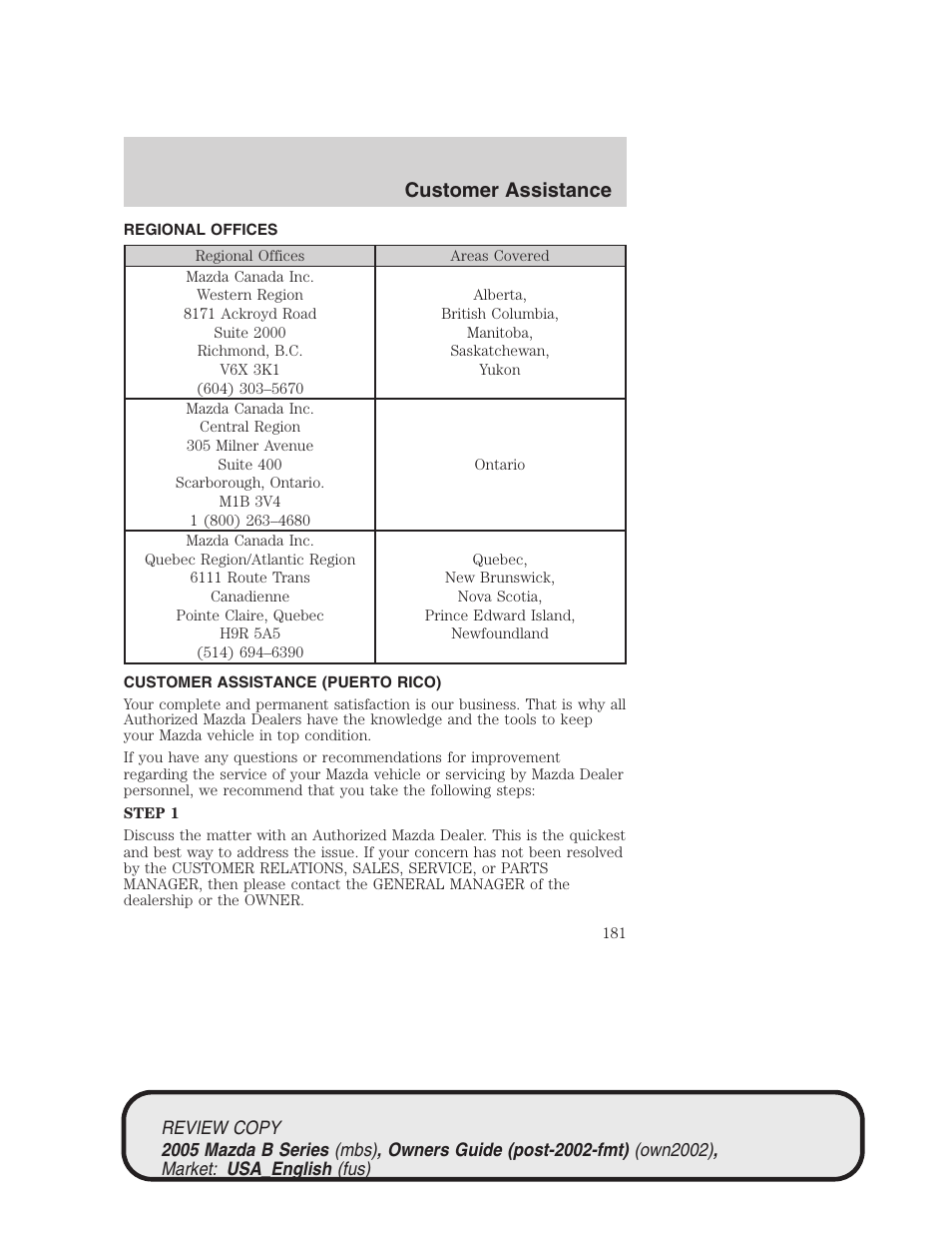 Customer assistance | Mazda 2005 B2300 Truck User Manual | Page 182 / 257