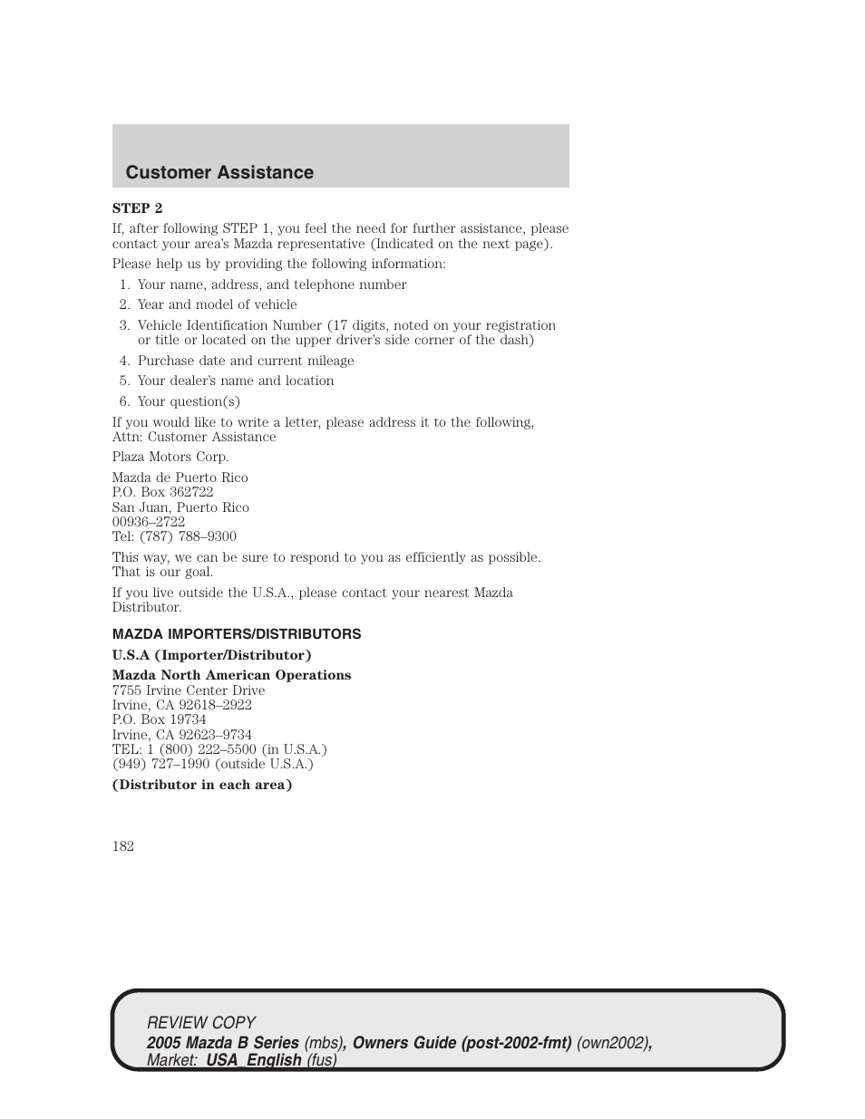 Customer assistance | Mazda 2005 B2300 Truck User Manual | Page 183 / 257