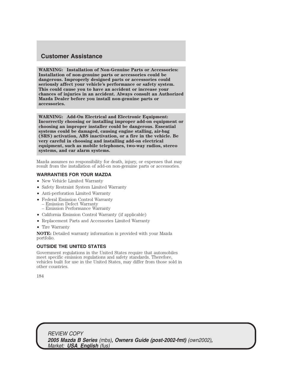 Customer assistance | Mazda 2005 B2300 Truck User Manual | Page 185 / 257