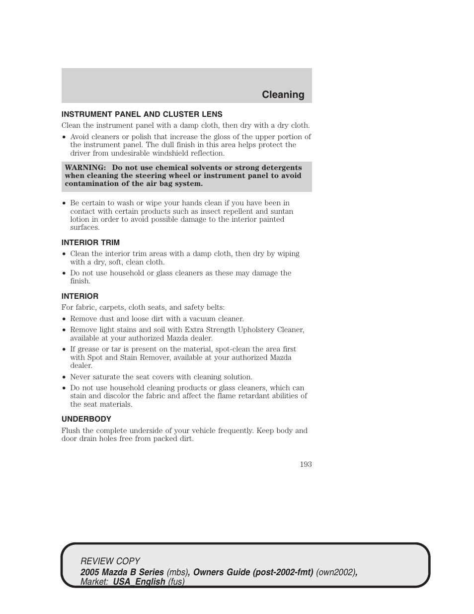 Cleaning | Mazda 2005 B2300 Truck User Manual | Page 194 / 257