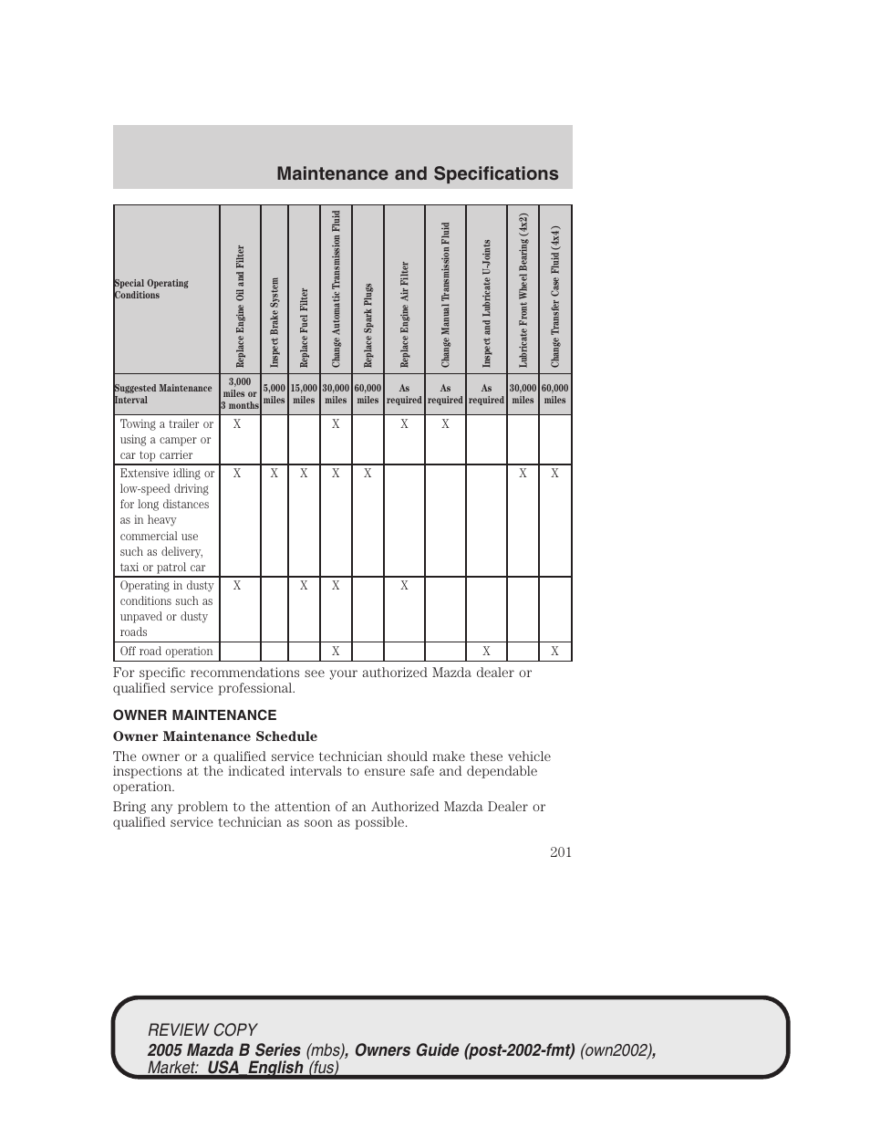 Maintenance and specifications | Mazda 2005 B2300 Truck User Manual | Page 202 / 257