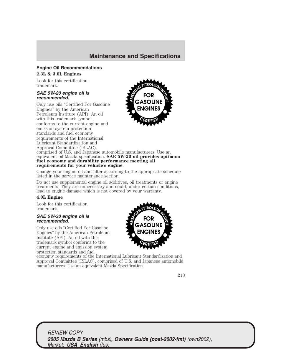 Maintenance and specifications | Mazda 2005 B2300 Truck User Manual | Page 214 / 257