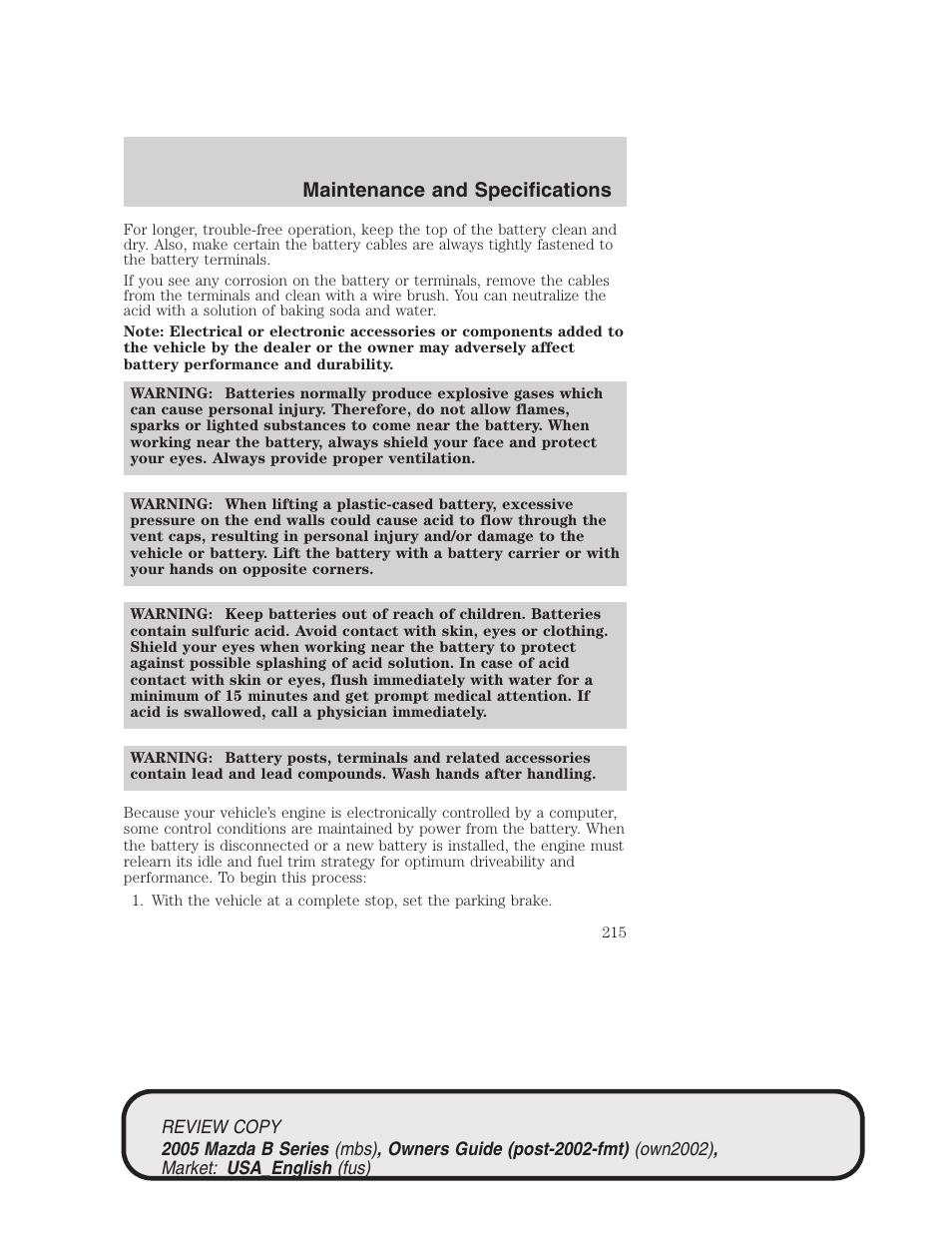 Maintenance and specifications | Mazda 2005 B2300 Truck User Manual | Page 216 / 257