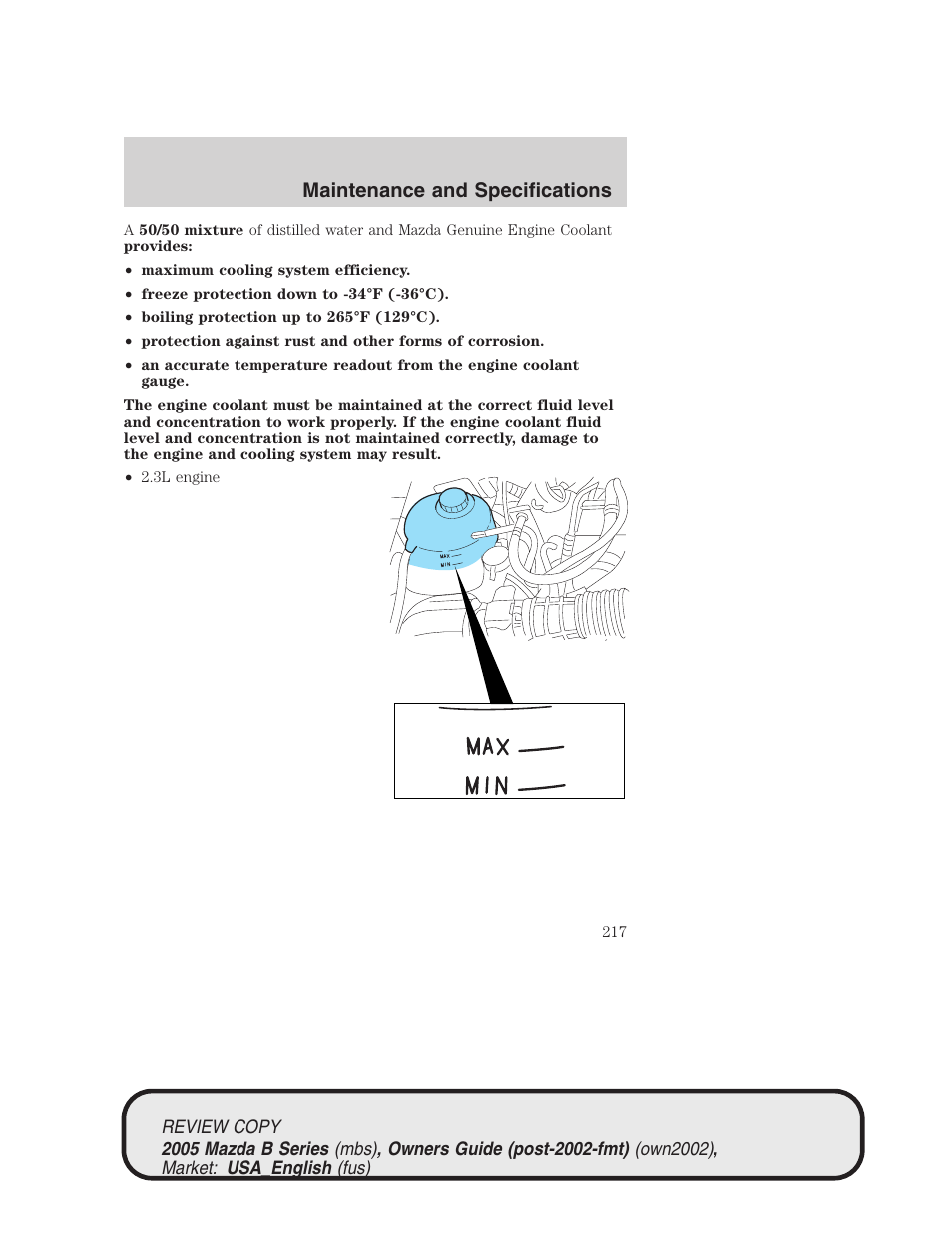 Maintenance and specifications | Mazda 2005 B2300 Truck User Manual | Page 218 / 257