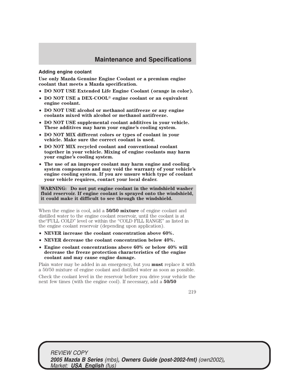 Maintenance and specifications | Mazda 2005 B2300 Truck User Manual | Page 220 / 257