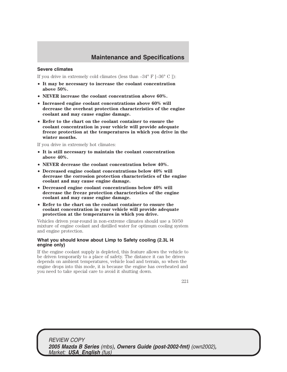 Maintenance and specifications | Mazda 2005 B2300 Truck User Manual | Page 222 / 257