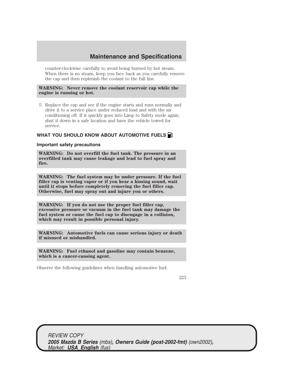 Maintenance and specifications | Mazda 2005 B2300 Truck User Manual | Page 224 / 257