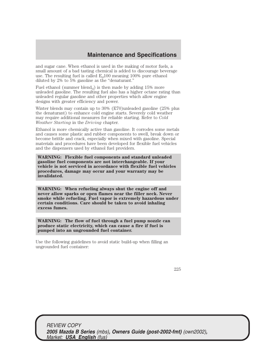 Maintenance and specifications | Mazda 2005 B2300 Truck User Manual | Page 226 / 257