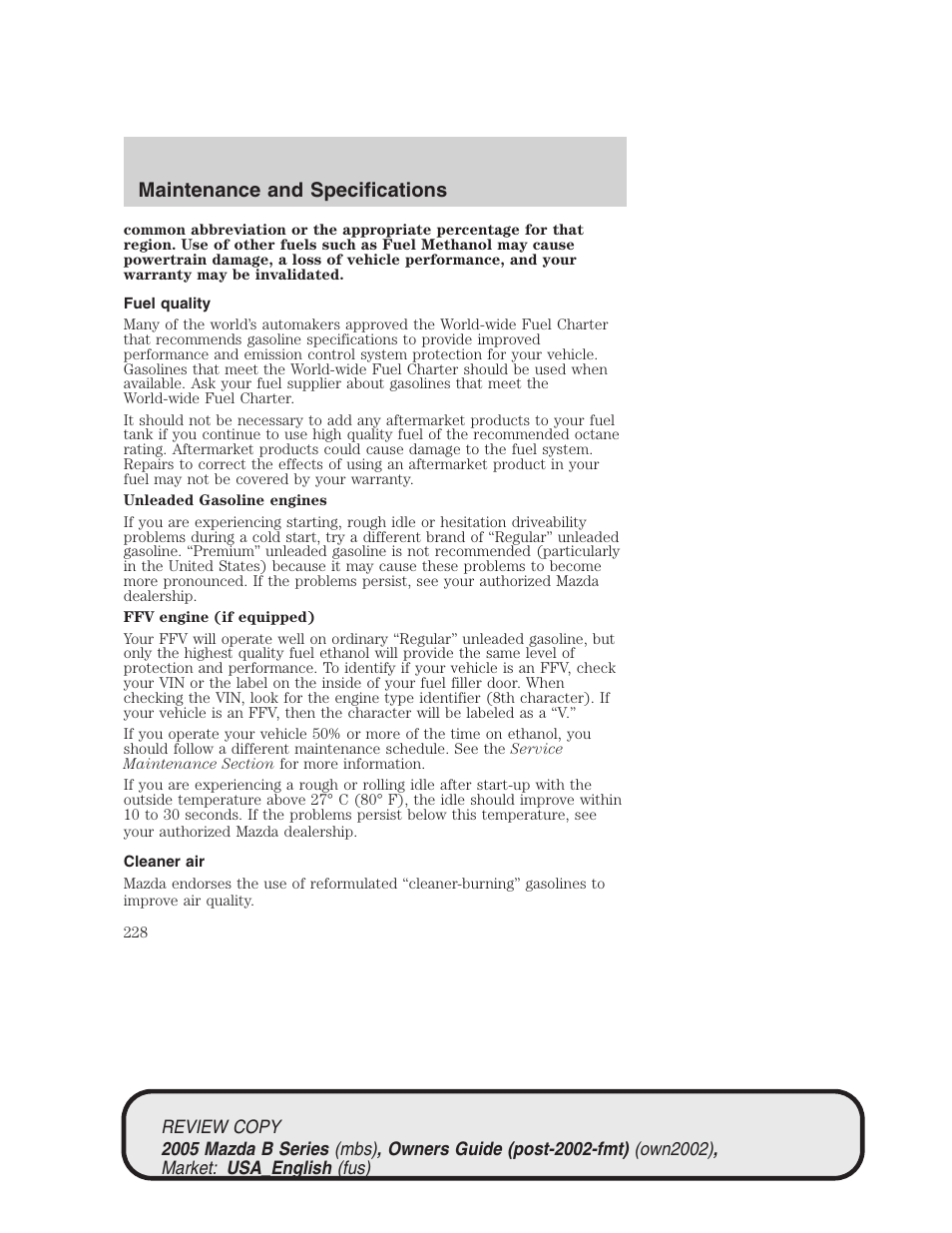 Maintenance and specifications | Mazda 2005 B2300 Truck User Manual | Page 229 / 257