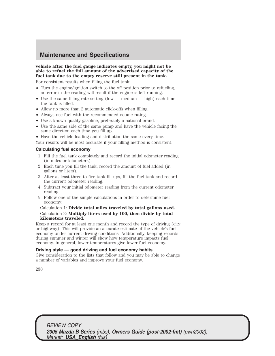 Maintenance and specifications | Mazda 2005 B2300 Truck User Manual | Page 231 / 257