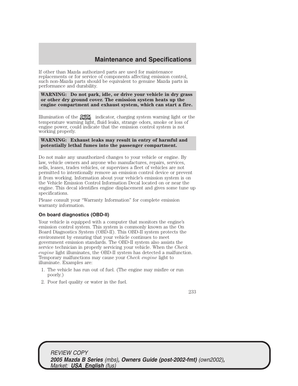 Maintenance and specifications | Mazda 2005 B2300 Truck User Manual | Page 234 / 257