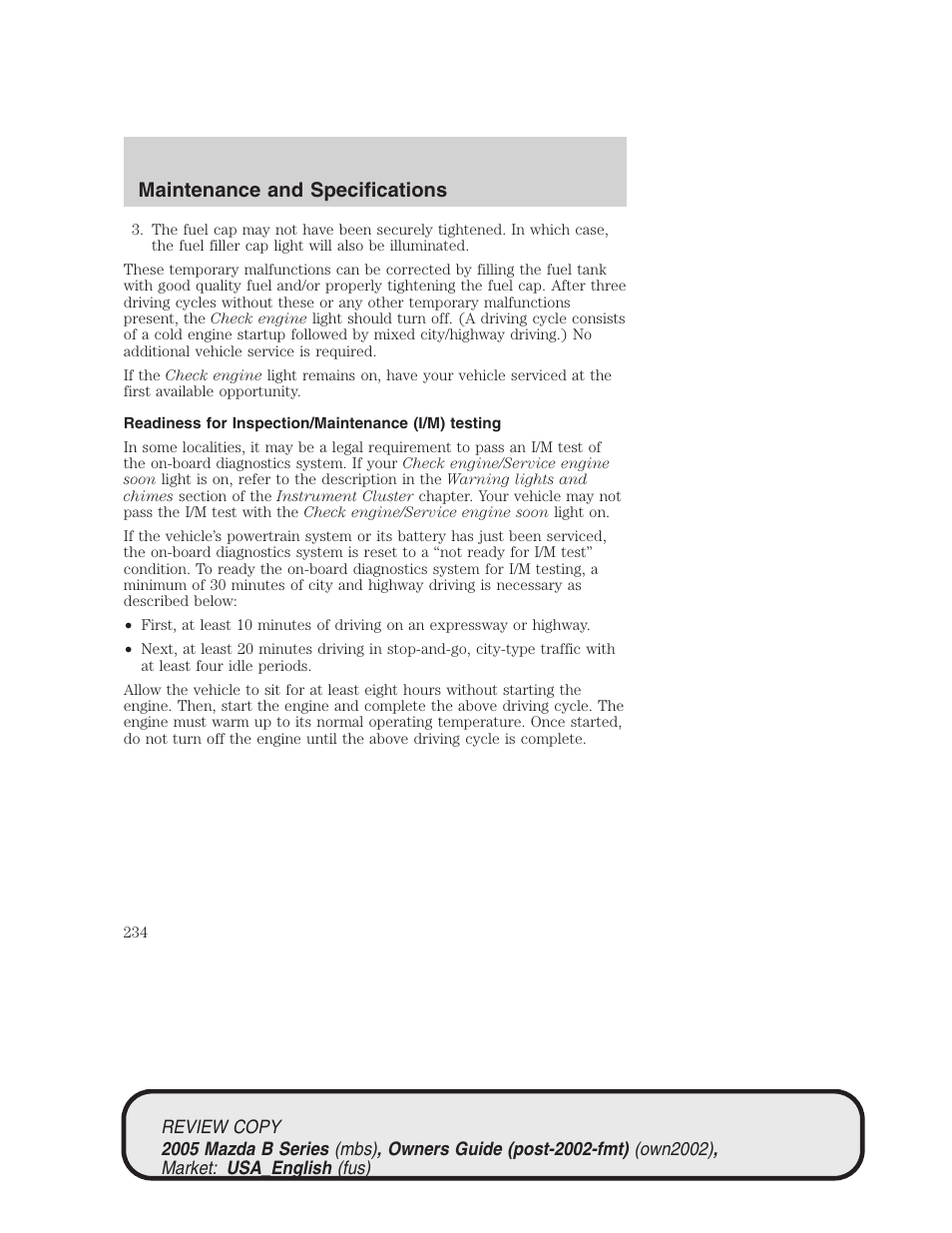 Maintenance and specifications | Mazda 2005 B2300 Truck User Manual | Page 235 / 257