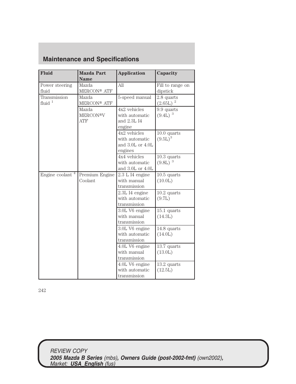 Maintenance and specifications | Mazda 2005 B2300 Truck User Manual | Page 243 / 257