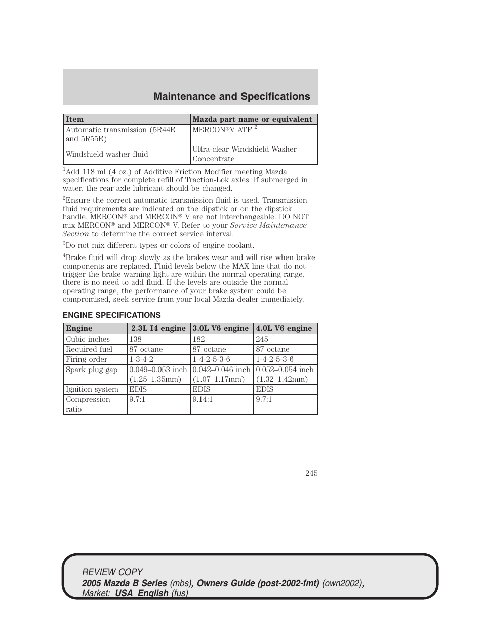 Maintenance and specifications | Mazda 2005 B2300 Truck User Manual | Page 246 / 257