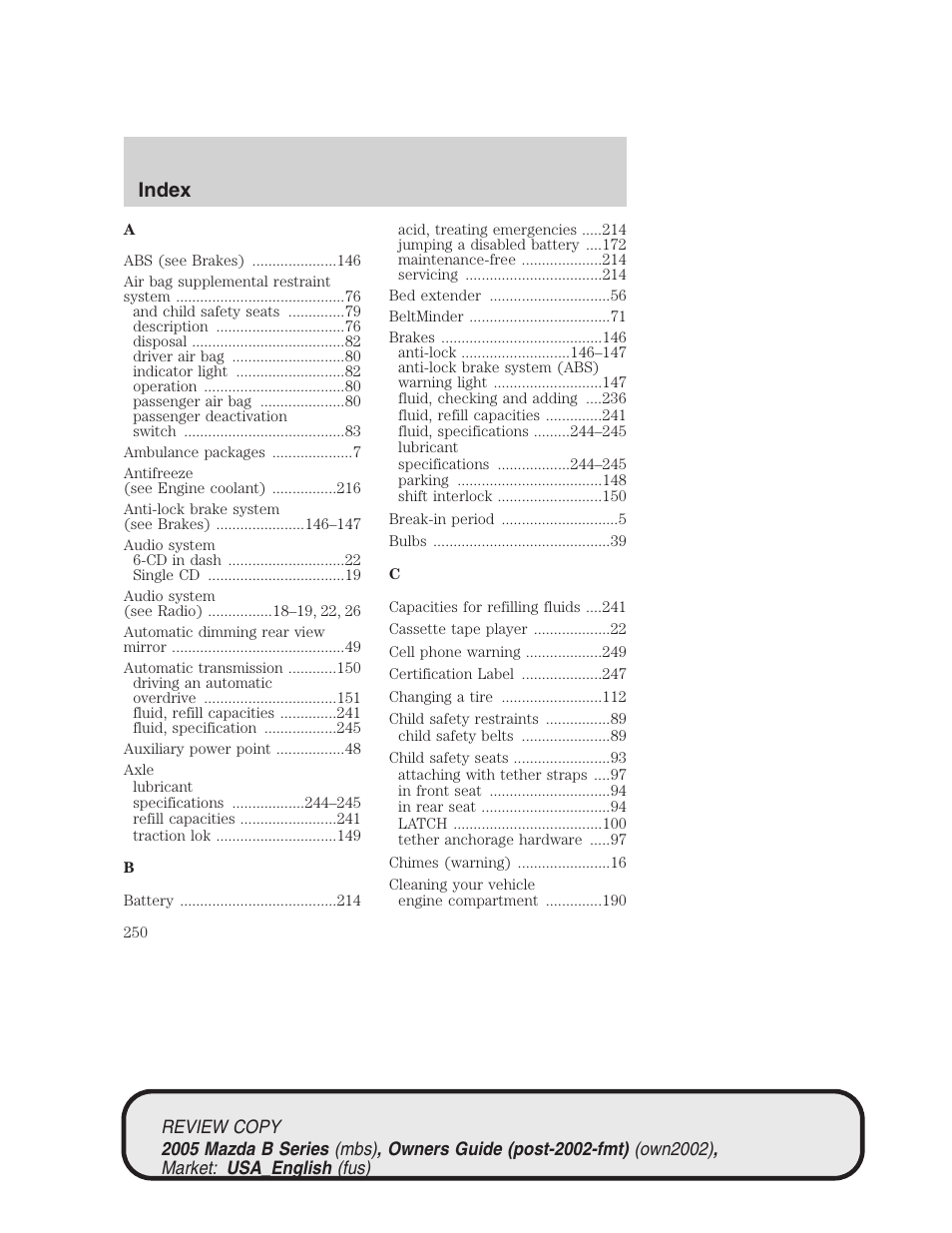 Index | Mazda 2005 B2300 Truck User Manual | Page 251 / 257