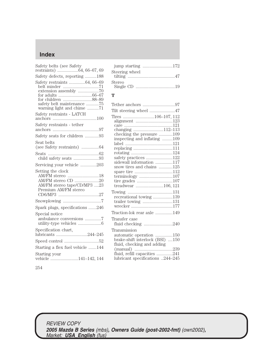 Index | Mazda 2005 B2300 Truck User Manual | Page 255 / 257