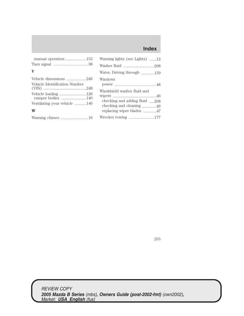 Index | Mazda 2005 B2300 Truck User Manual | Page 256 / 257