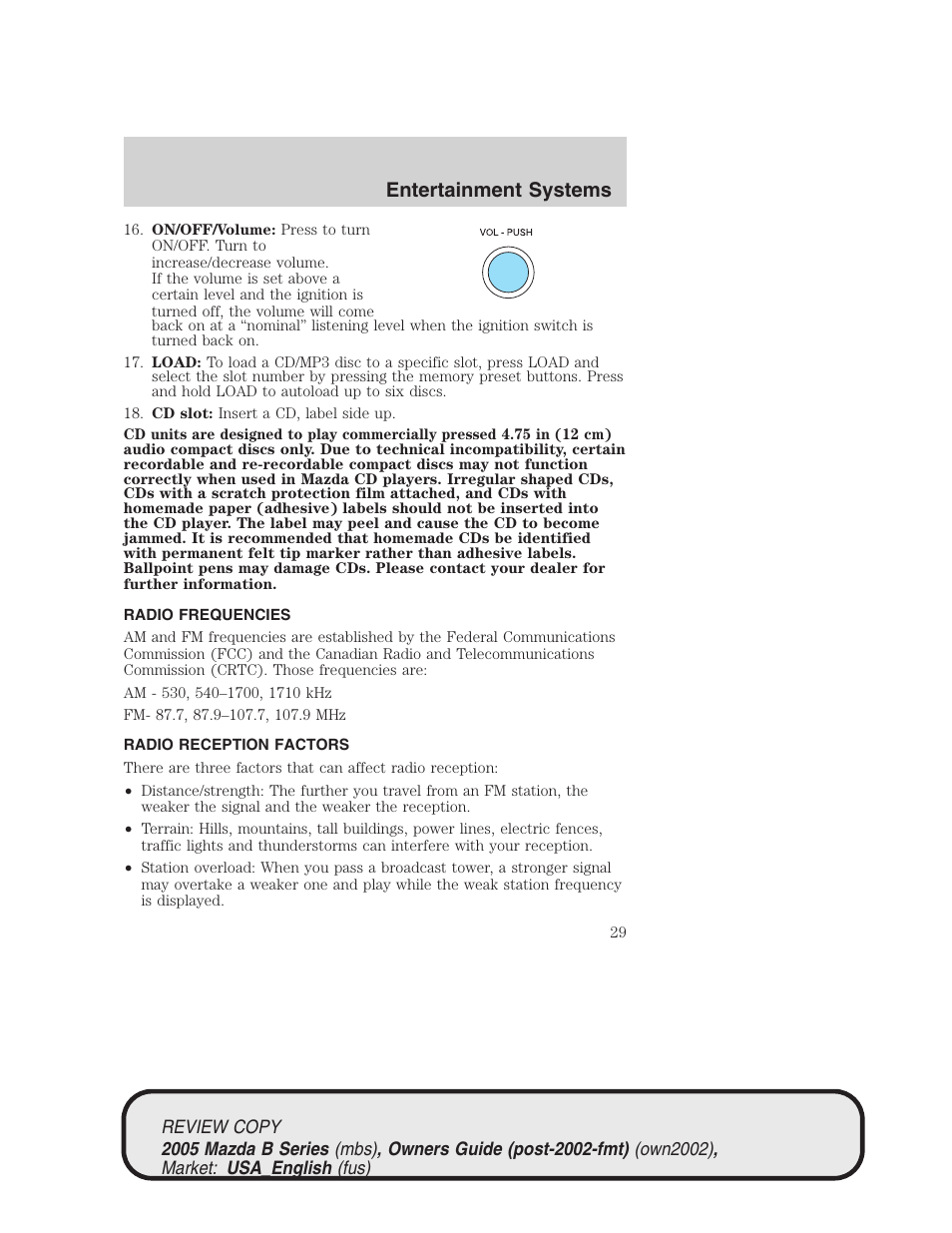 Entertainment systems | Mazda 2005 B2300 Truck User Manual | Page 30 / 257